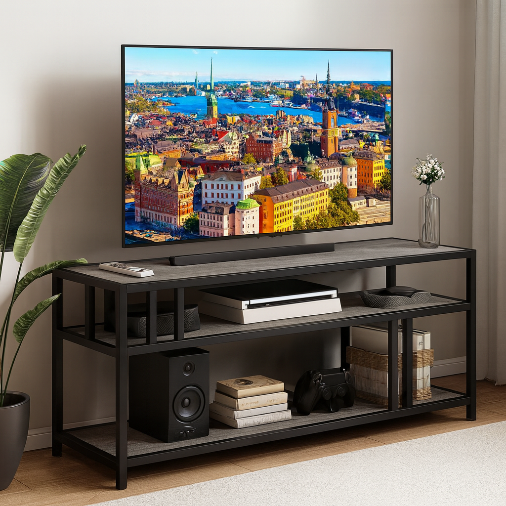 Vintage Industrial TV Stand with Staggered Shelves